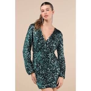 Indescribable Shine Teal Green Sequin Long Sleeve Mini Dress